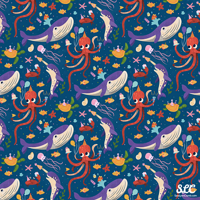 Undersea birthday party repeating pattern animals cake design fish illustration narwhal ocean octopus party pattern presents purple sea turtle undersea whale