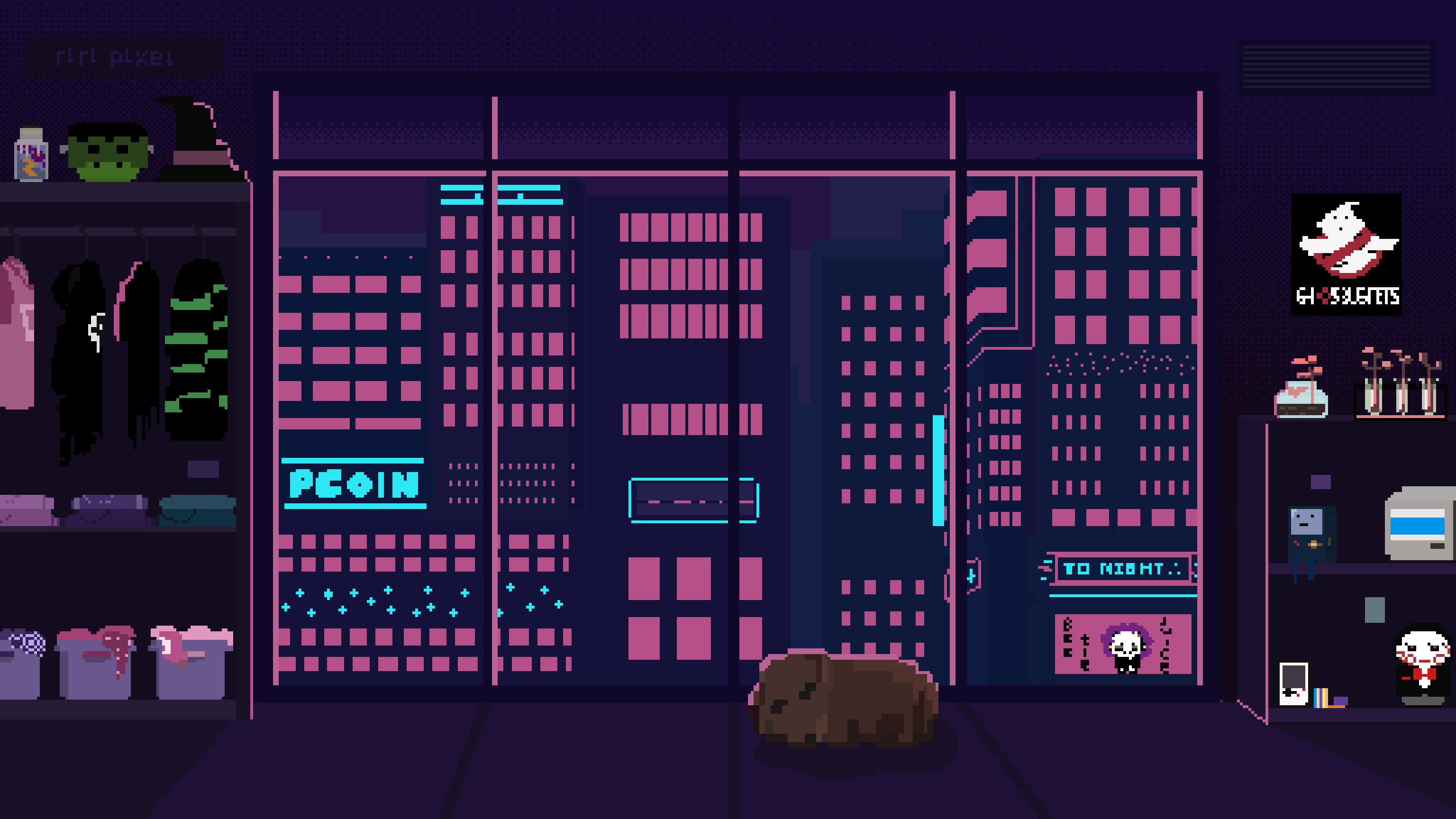Little witch room animation city night city view cyberpunk dog lofi art nap neon night view pixel animation pixel art pixel artwork pixelart relax relax pixel art sleeping wardrobe witch witch cloth witch room