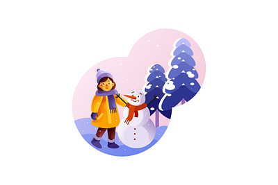 Little girl is standing near a snowman outside