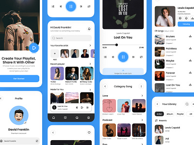 Music Player Mobile App clean design designui library listeningmusic mobile mobileappui music musicapp musicplayer play playlist podcast profile song ui uiuxdesign ux