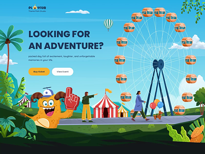 Theme Park Landing Page Animation 🎢 animation boat camp clean desktop fun illustration landing page mobile modern monster motion graphics parallax ski theme park ticket ui visitor water website