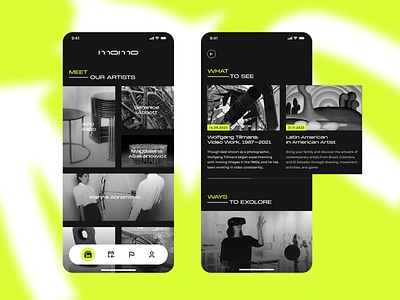 Museum of Modern Art, mobile app concept app bold colors cards contemporary art dark mode details view events exhibition floating navigation gallery home screen list view mobile app modern art museum navbar profile tabbar