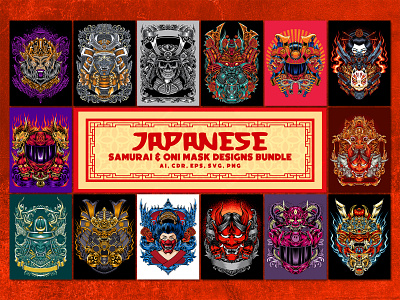 JAPANESE - Samurai & Oni Mask Designs Bundle japan bundle japan culture bundle japan samurai tshirt japanese oni mask bundle oni mask tshirt samurai bundle samurai tshirt samurai tshirt bundle screen print