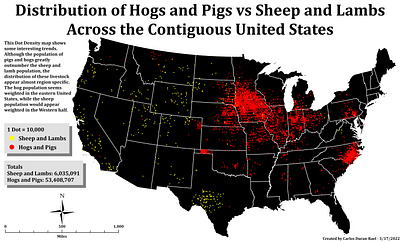 Distribution of Hogs&Pigs vs Sheep&Lambs in the US cartography gis map mapping