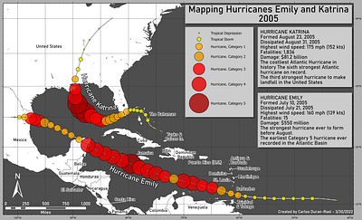 Hurricane Katrina and Hurricane Emily cartography design gis map mapping