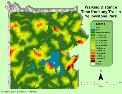 Walking Time from any Trail in Yellowstone cartography design gis map mapping