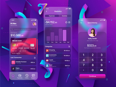 Glassmorphizm Bank App UI 3d app bank branding business card concept figma finance glassmorphizm gradient ui violet