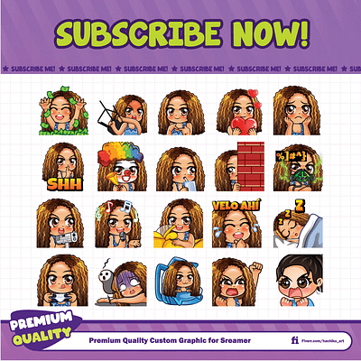 Chibi Girl with Curly Hair bit badges cute girl design discord emotes facebook emotes gamer gaming illustration kawaii logo loyalty badges streamer sub badges sub emotes twitch emotes youtube emotes