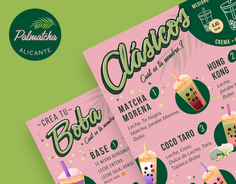Menus💚Matcha & Boba Bar💚Palmatcha animation branding graphic design logo
