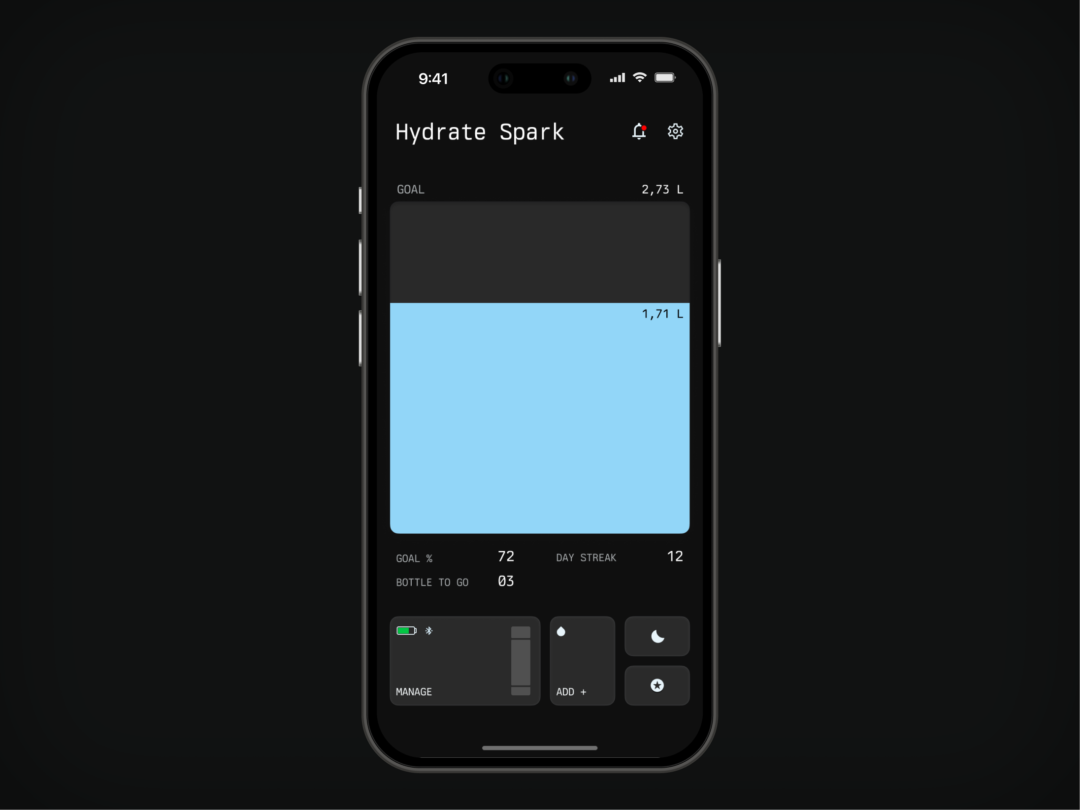 Dark mode Hydrate Spark Exploration app dark dark mode design health healthy hydrate ios minimal minimalist mobile ui water