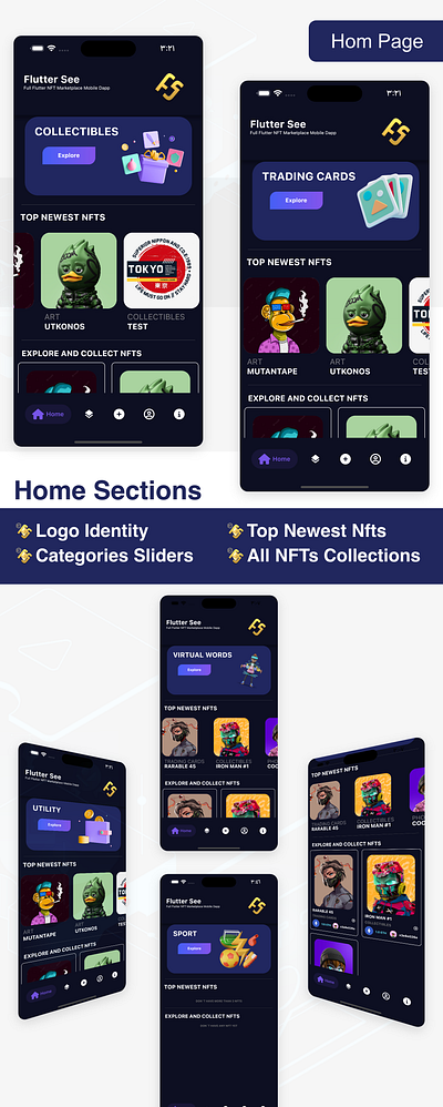 FlutterSee - Full Flutter NFT Marketplace Mobile App With Solidi adobe xd android android app branding design flutter illustration ios logo ui