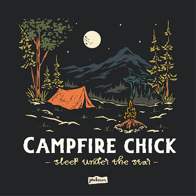 Campfire chick Design SOLD adventure art campfire camping design explore handdrawn illustration logo outdoorapparel outdoorstickers