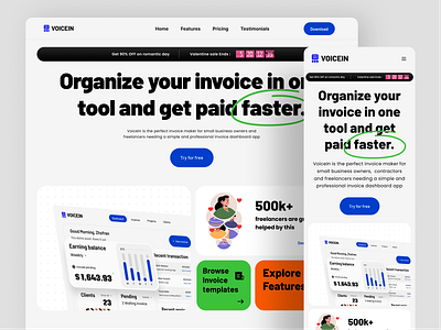 VoiceIn - Invoice Landing Page Responsive bills finance invoice invoice website landing page management money payment transaction web web design website