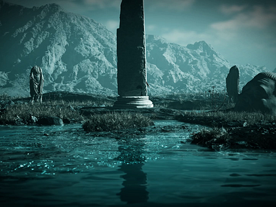 First Unreal Engine Render 3d animation atmosphere illustration landscape moody ocean pilar render roman statue unreal unrealengine water waves