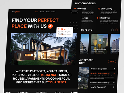 Cozplace (Real Estate) about appartment dark dark mode design faq footer house landing page orange project property real estate real estate design residance ui ui real estate web design web real estate website