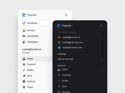 Traymail - Email client sidebar accordion client components compose custom design drawer email icons inbox interface notifications popup product design sidebar spark system ui ux web design