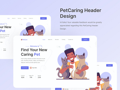 PetCaring Header design animal care caring cat design developer development dog figma header hero section landing page pet pet ui petcare petshop ui uiux user interface website