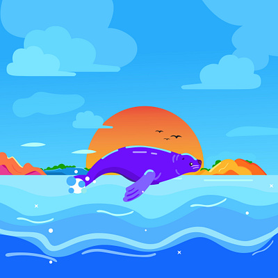 Vẻ đẹp của sự bình yên animation graphic design hoàng hôn nhẹ nhàng phong cảnh phong cảnh biển sư tử biển vector vẽ tranh