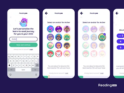 First Time User Experience for Reading.com app avatars children education edutech inputs learning mobile design particle effects reading reading.com teach how to read ui unity ux