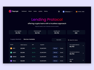 Paycrypt: Lending Protocol dark mode 3d animation app borrow branding darkmode defi design graphic design illustration lending logo motion graphics protocol supply ui ux vector