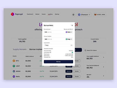 Paycrypt - Lending protocol borrow modal 3d animation borrow branding defi graphic design lending liquidity logo motion graphics pool supply ui