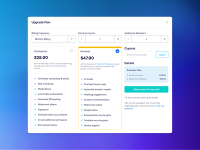 Plans & Billing - Publer billing business plan cons cupons figma free trial modal monthly page pay plans pricing pros settings trial ui uiux update upgrade web design