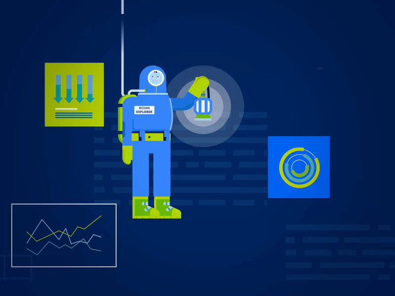 Ocean of Endless Discovery 2d aftereffects animated gif animation character design curious data discovery diver explorer fun illustration information lantern learning light ocean sea underwater water