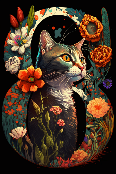 Postcards for international women's day art cat dark flowers illustration postcard