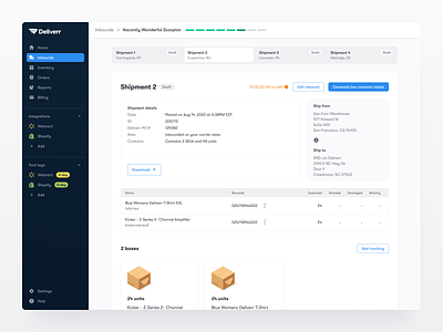 📦 Deliverr - Case Study - Shipment Progress delivery fast shipping feedback logistics manifest packing progress progress tracker segmented buttons shipping status tables toggle ui ux wizard