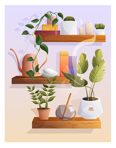 Group of indoor plants on a wooden bookshelves. background banner cartoon design graphic design illustration illustrator interior job minimalistic need scandi