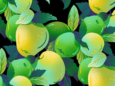 Sour Apple Pattern on Black depth drawing food food illustration fruit fruit illustration illustrated pattern illustration jordan kay maximalism noise packaging pattern design surface design texture
