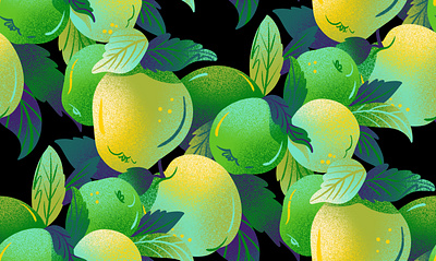 Sour Apple Pattern on Black depth drawing food food illustration fruit fruit illustration illustrated pattern illustration jordan kay maximalism noise packaging pattern design surface design texture