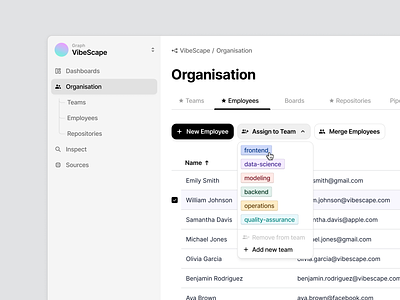 Faros AI - assign team app design button dashboard data table dropdown pill product product design table tag toast ui ux webdesign