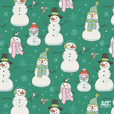 Snowpeeps and Friends repeating pattern animals art licensing birds chickadee illustration licensing pattern snow snowman winter