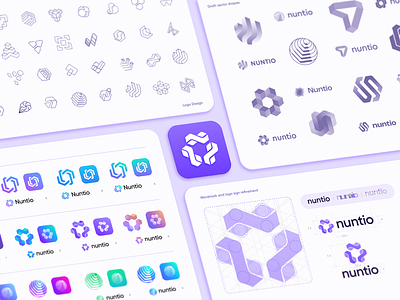 Nuntio Logo Design Process blockchain branding gradient icon identity lettering logo sketches