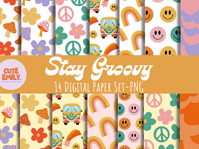 Stay Groovy Digital Paper Set camper van digital paper flower flower power groovy groovy pattern love hearts mushrooms rainbow rainbow pattern retro pattern retro seamless paper seamless patterns seamless rainbow smiley smiley paper