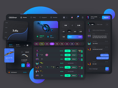 CSGO Skin Gambling Dashboard Design app application chart chat crypto csgo dark mode dashboard gambling game glow graphics homepage icons items messages neomorphism product design skins user interface