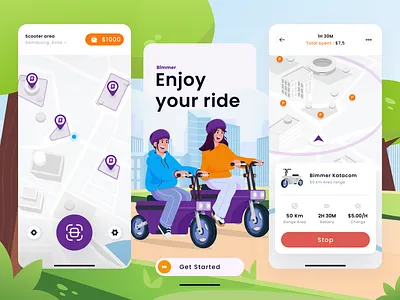 Bimmer - Scooter Rent App app characters design ebike escooter exploration flat flat illustration illustration location maps mobile app on boarding rent scooter ui ui illustration vector velocity