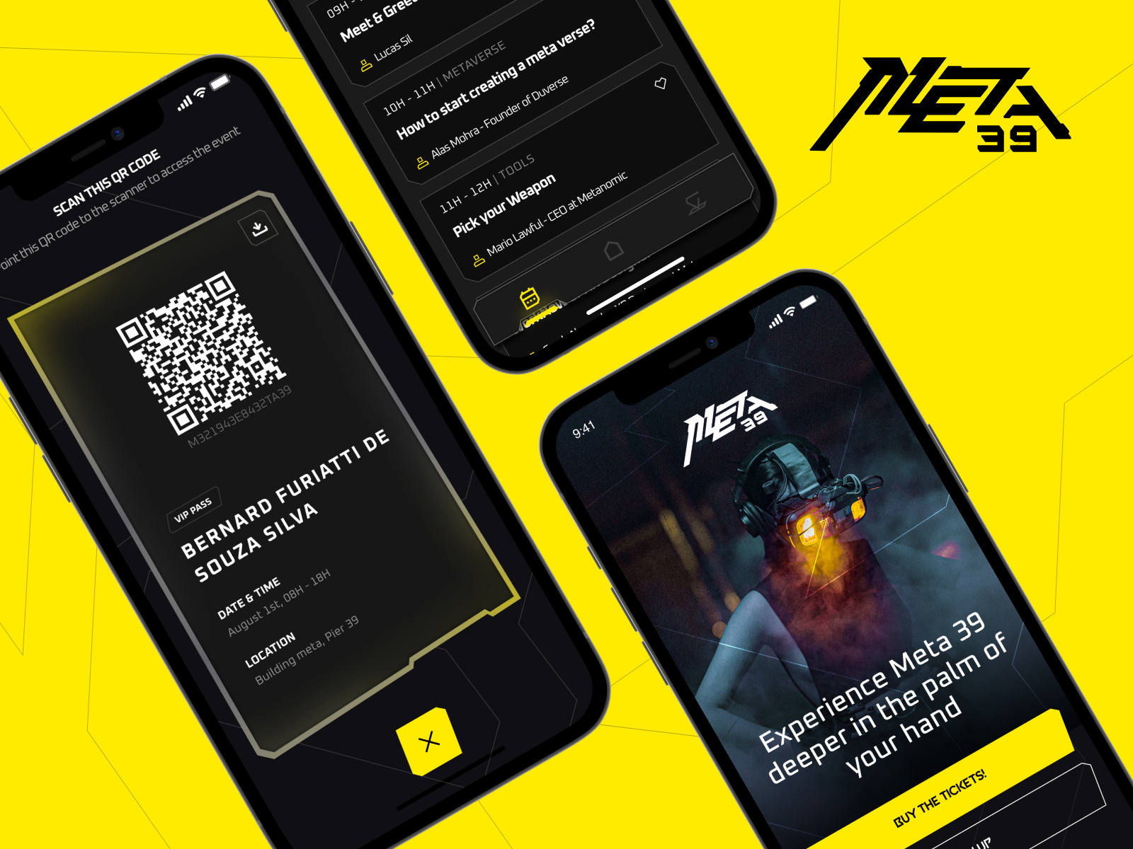 Meta39 - XR Conference app app card design login screen mobile nav bar qr code qrcode schedule scifi ticket ui ux xr