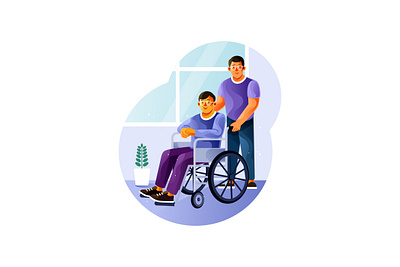 Volunteer is with a young man in a wheelchair rehabilitation