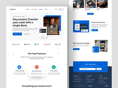 Banking landing page bank banking blue card finance finance app financial fintech footer integrations minimalist money money management pricing product testimonials transaction web web design website