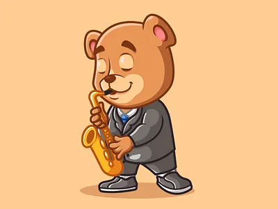 Bear Saxophone Player animal bear branding cartoon character design illustration logo mascot saxophone