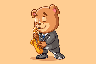Bear Saxophone Player animal bear branding cartoon character design illustration logo mascot saxophone