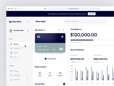 Hexa Bank - Personal Finance Dashboard balance banking clean dashboard finance financial financial dashboard fintech graph income management minimalist statistics transaction ui uiux wallet web web app website