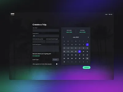 Create a Trip - Travel Planning Web App blur date picker glow green miami neon planning purple travel trip