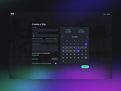 Create a Trip - Travel Planning Web App blur date picker glow green miami neon planning purple travel trip
