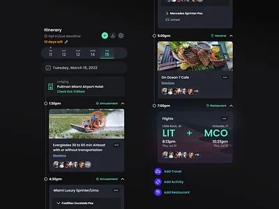 Itinerary Dark UI airplane airport dark dark mode green location lodging miami neon schedule travel trip