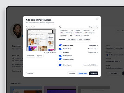 Schedule post modal — Untitled UI minimal modal pop over pop up popover popup product design scheduler tags ui design user interface ux design
