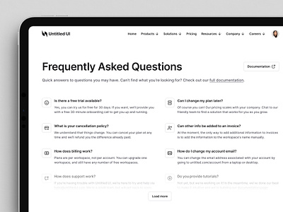 Frequently Asked Questions (FAQs) — Untitled UI content documentation faq faqs frequently asked questions minimal minimalism modern nav ui design user interface web design wiki