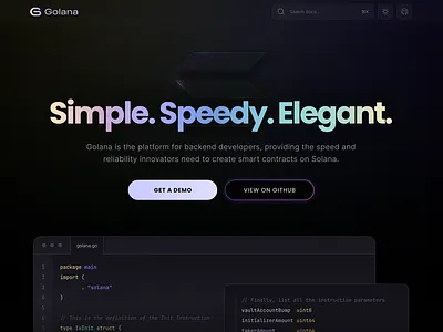 Golana on Solana animation button code dark gradient linear motion prototype tech typeface web